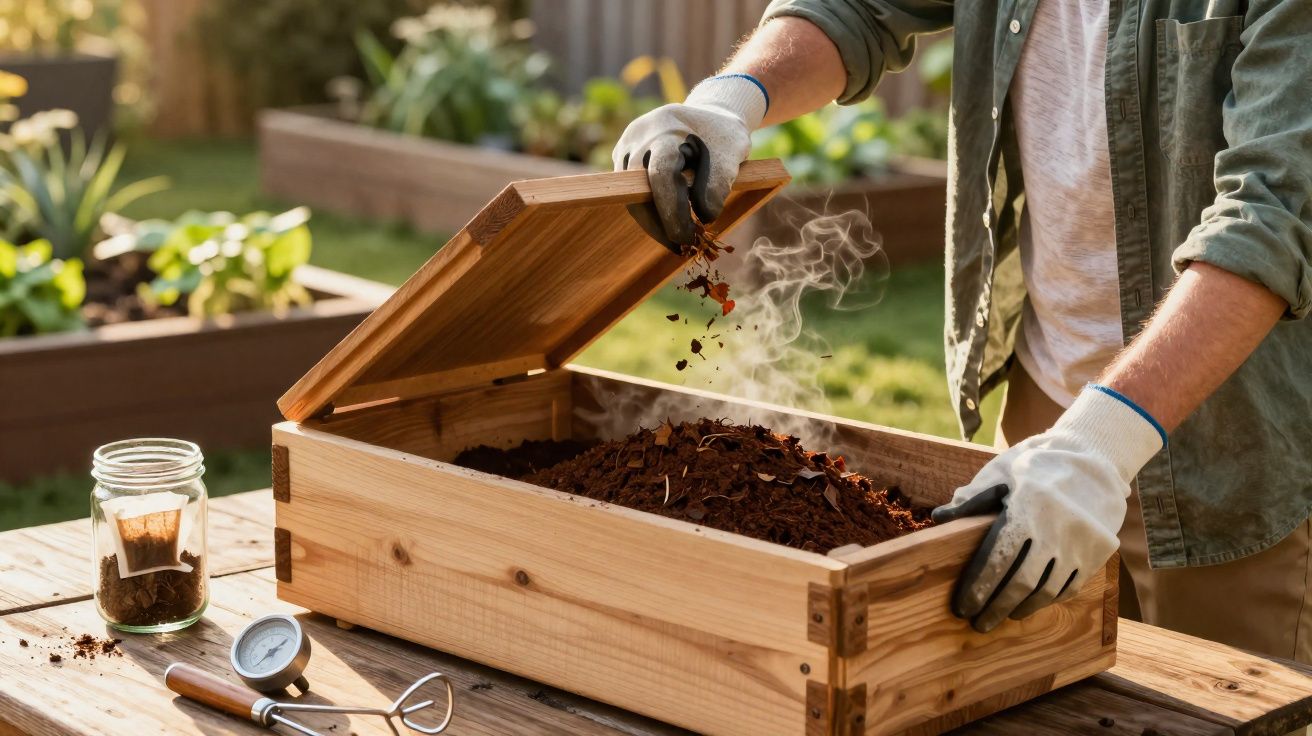 Pessoa mexendo em caixa de compostagem de madeira com vapor saindo da terra úmida em jardim ensolarado.