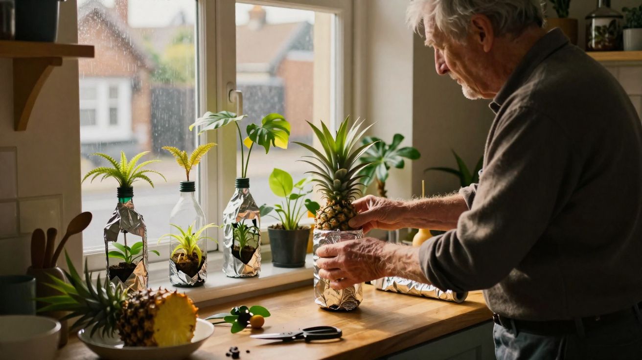 Homem idoso cuidando de plantas em garrafas reaproveitadas em uma cozinha iluminada pela janela.