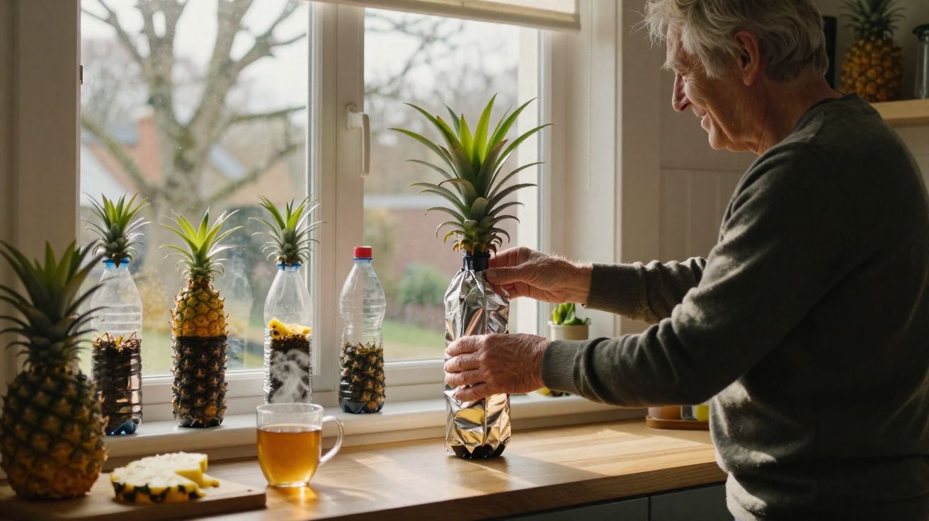 Pessoa idosa cultivando abacaxis em garrafas plásticas na janela de uma cozinha iluminada.