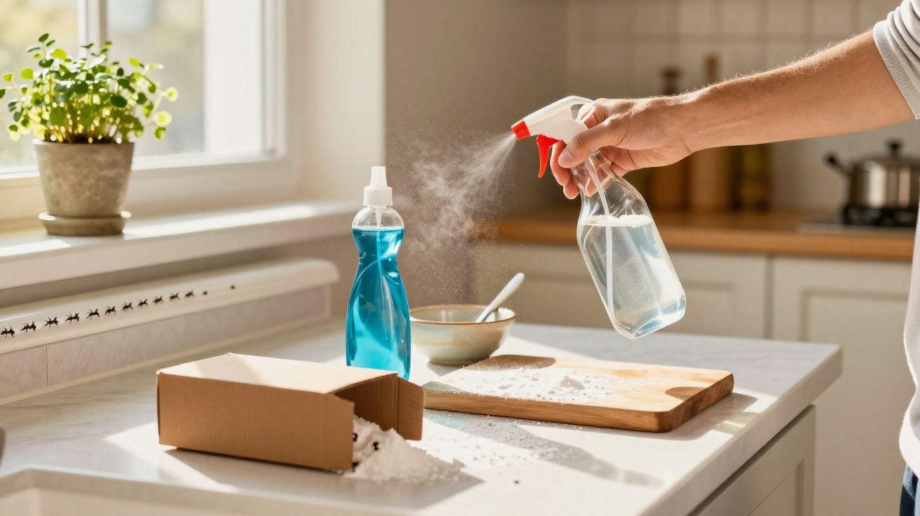 Pessoa pulverizando produto de limpeza transparente sobre tábuas de madeira em bancada de cozinha iluminada.