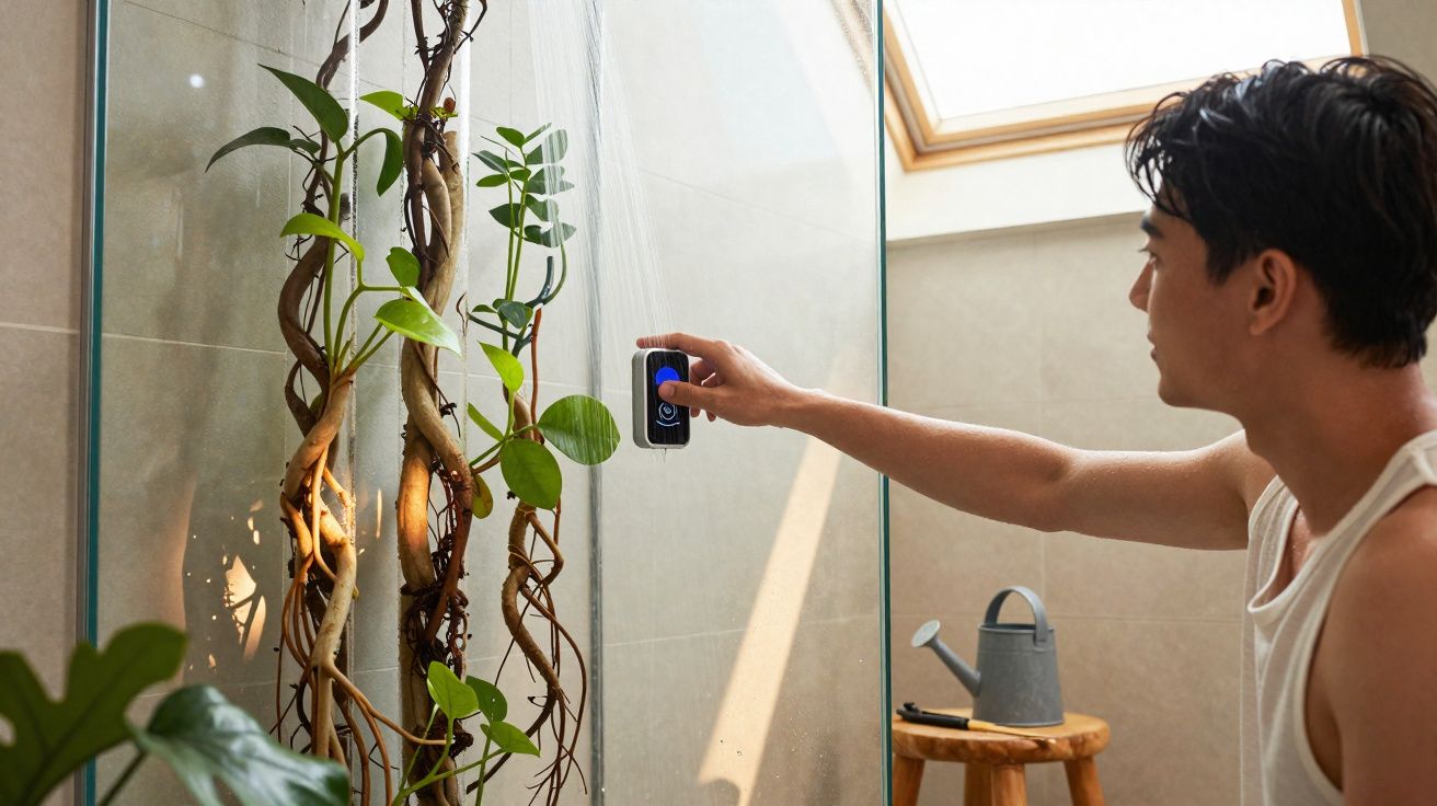 Homem ajusta o controle digital de chuveiro em banheiro com planta trepadeira dentro do box.