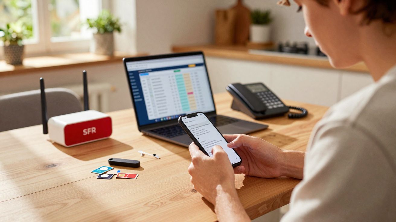 Pessoa usando smartphone com laptop, roteador e cartões SIM sobre mesa em ambiente iluminado.