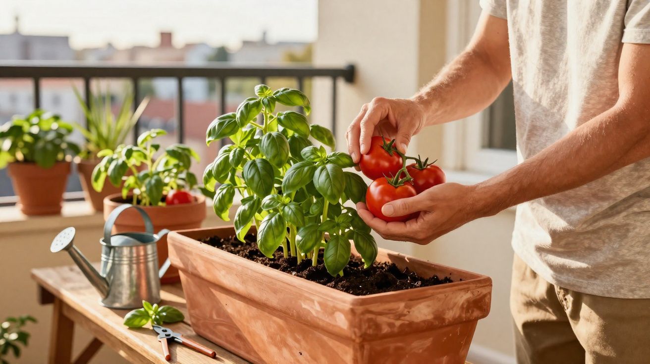 Pessoa colhendo tomates maduros em vaso, ao lado de manjericão, regador e tesoura de poda em varanda.