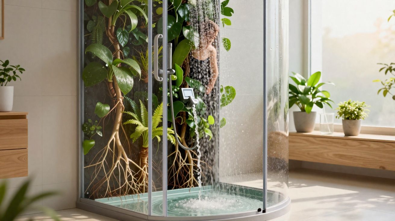 Chuveiro fechado com parede de vidro mostrando raízes de plantas e mulher tomando banho, luz natural entra pela janela.