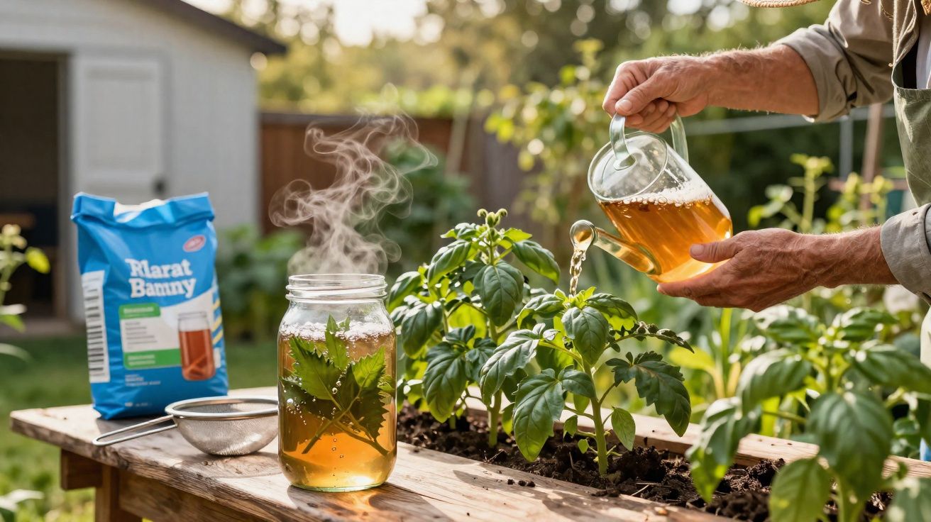 Pessoa regando plantas em jardim com chá de ervas em pote de vidro sobre mesa de madeira.