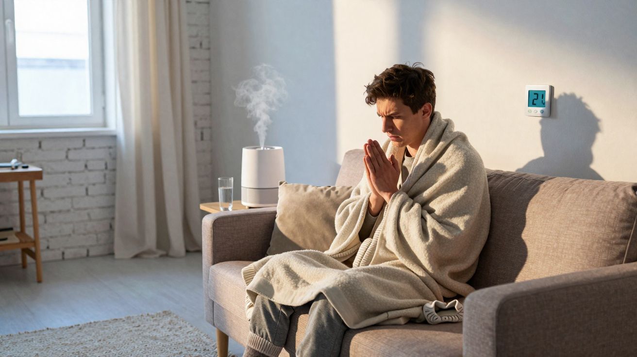 Jovem embrulhado em cobertor sentado no sofá, com umidificador e copo d'água na mesa ao lado.