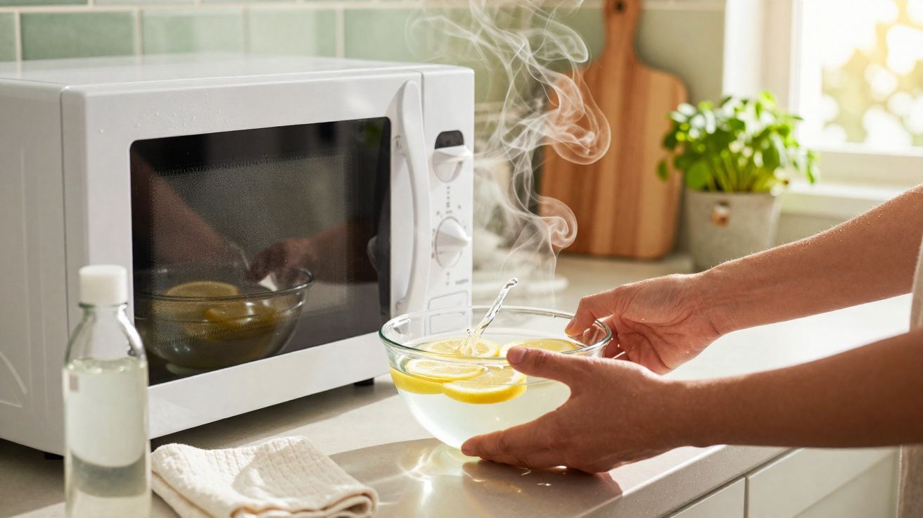 Mãos seguram tigela de vidro com água quente e fatias de limão em bancada próxima a micro-ondas.