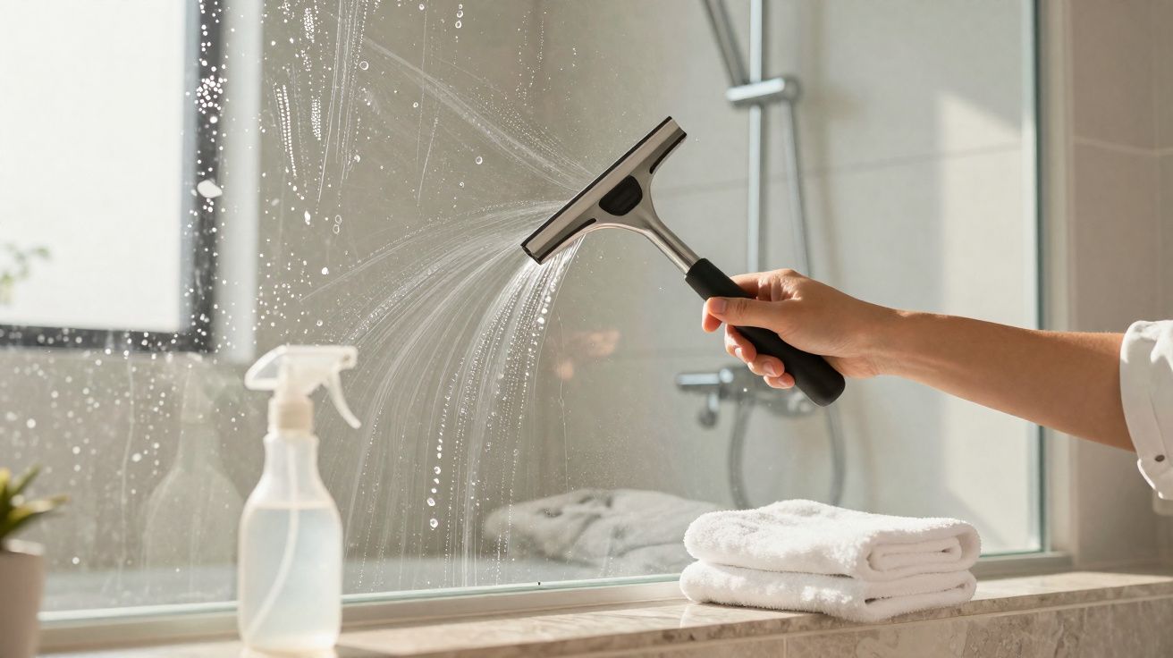 Pessoa limpando espelho do banheiro com rodo, ao lado de toalhas brancas dobradas e borrifador transparente.