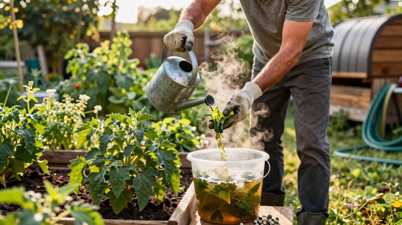 Pessoa regando planta com regador em jardim, preparando solução caseira em balde transparente.