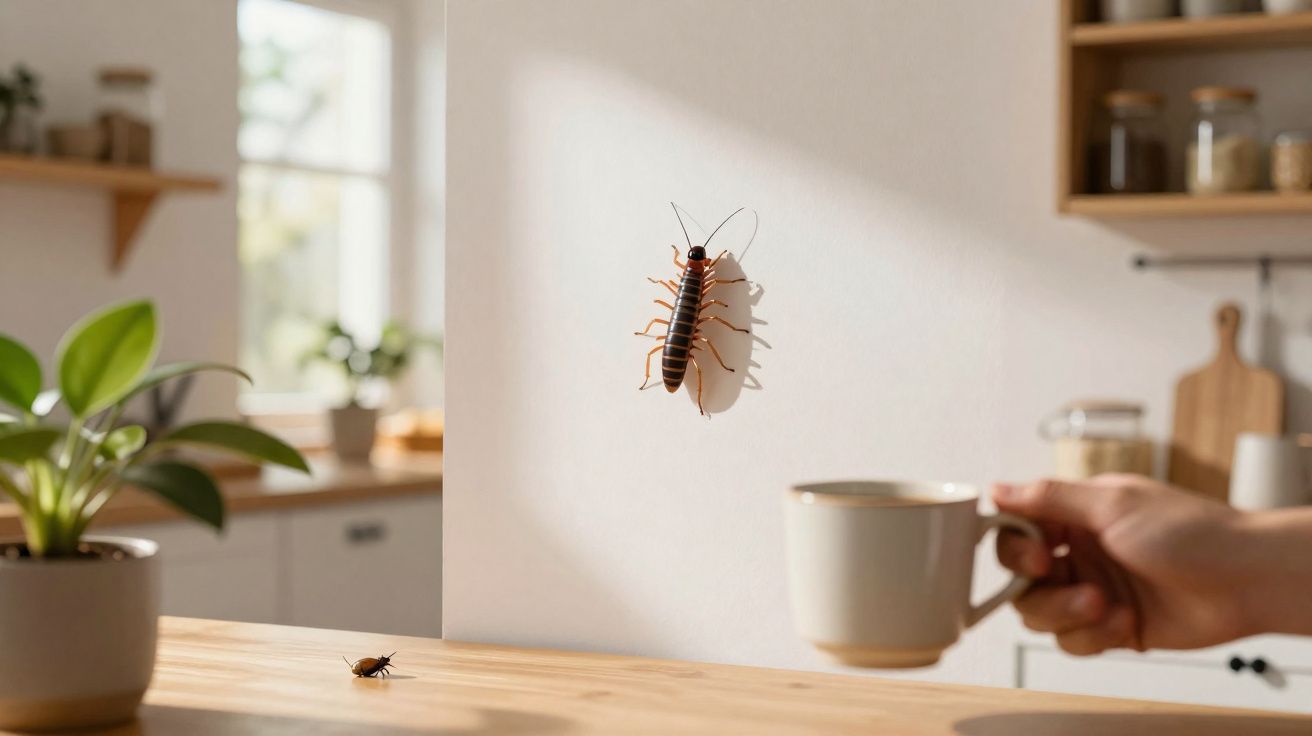 Barata na parede de cozinha com mão segurando xícara próxima a ela, planta em vaso na mesa.