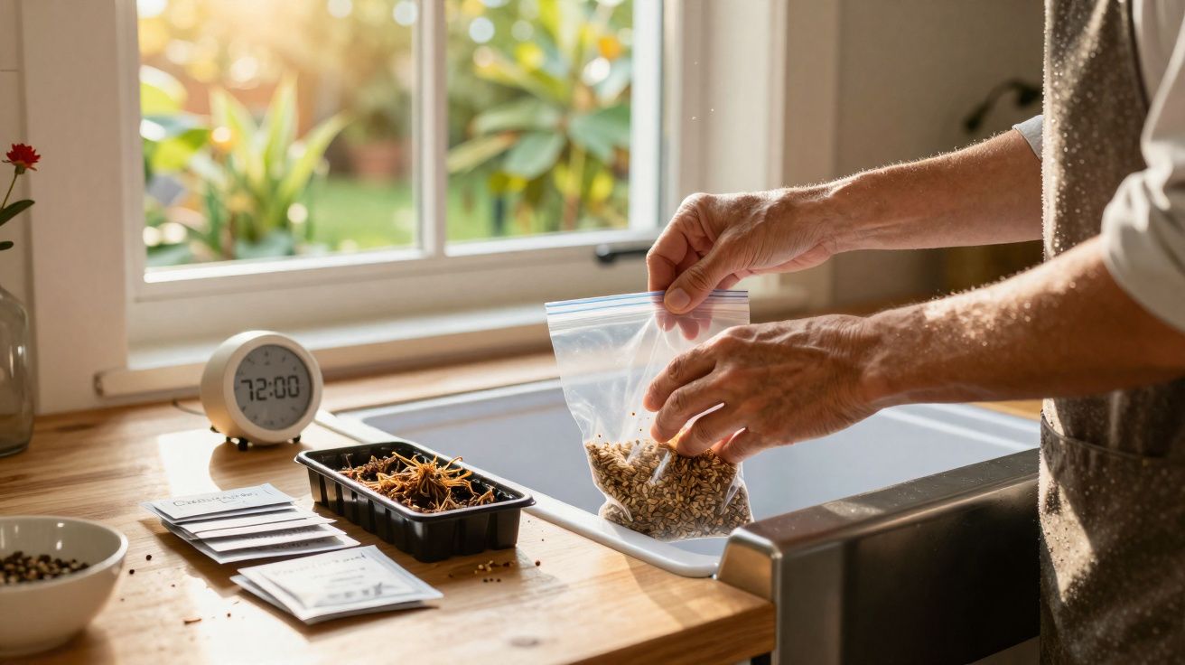 Pessoa colocando sementes em saco plástico transparente, em cozinha com luz natural entrando pela janela.