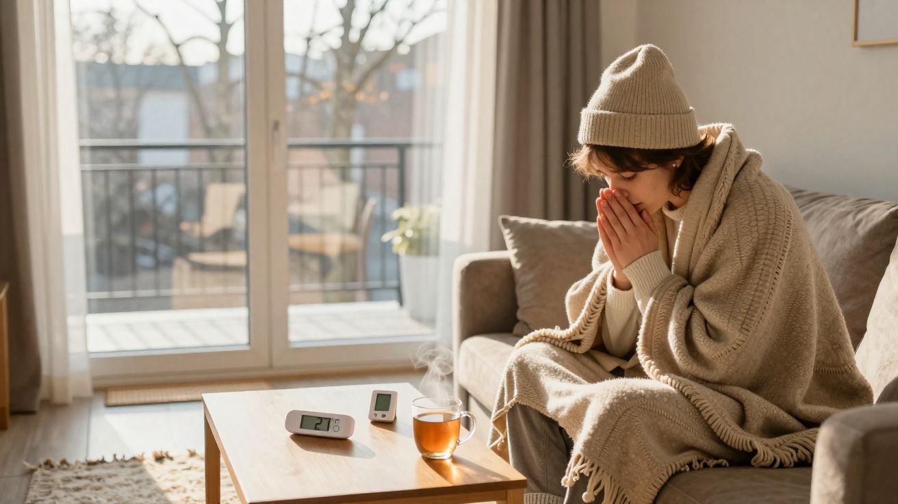 Pessoa com manta e gorro assoprando as mãos para se aquecer sentada no sofá com xícara de chá na mesa.