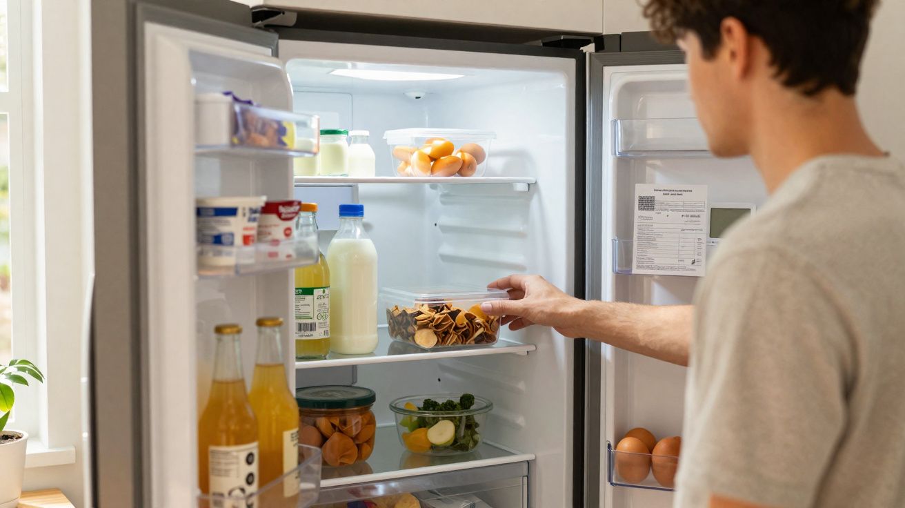 Pessoa colocando recipiente com alimentos em geladeira aberta em cozinha iluminada.