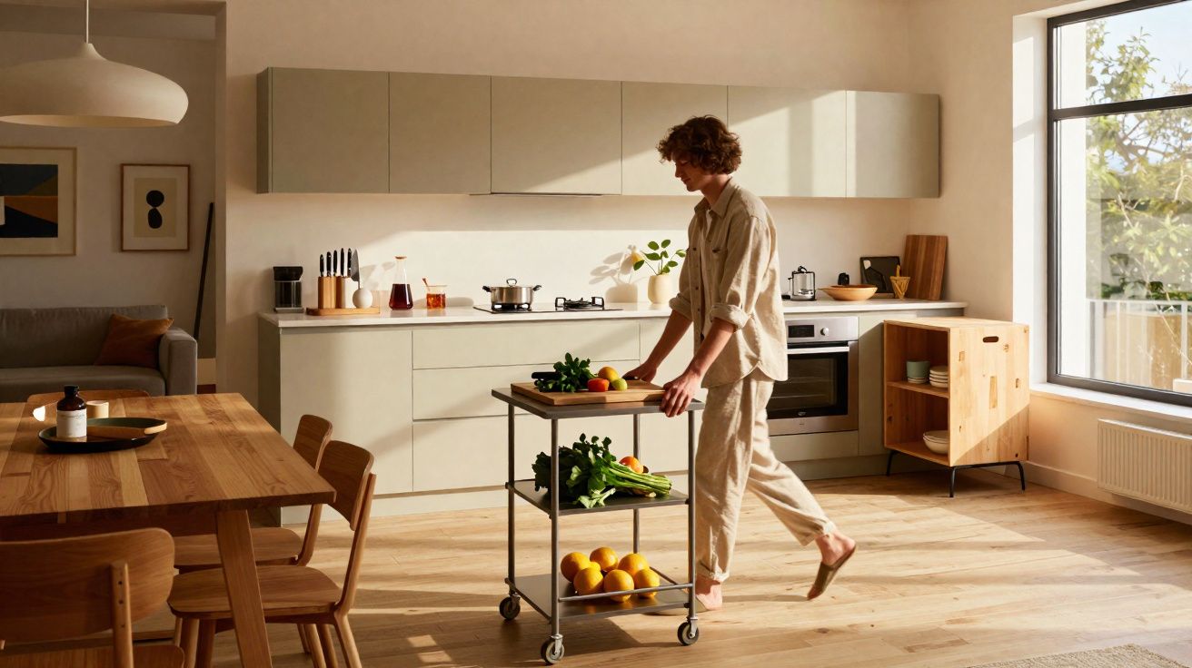 Pessoa empurrando carrinho com frutas e verduras em cozinha iluminada e mobiliada com madeira clara.