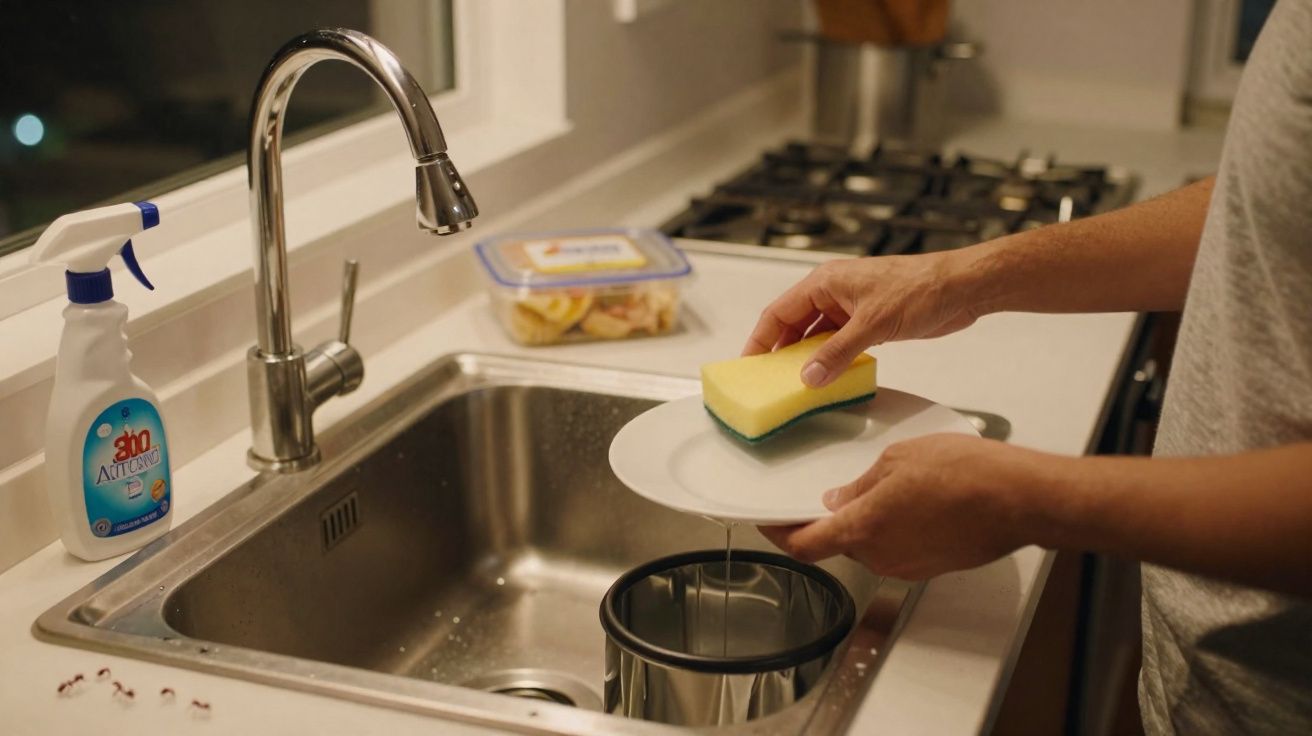 Pessoa lavando prato branco com esponja amarela na pia da cozinha iluminada à noite.