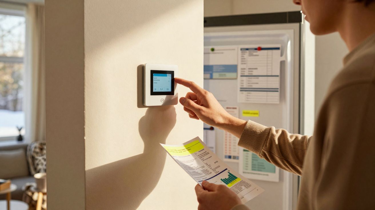 Pessoa ajusta termostato digital na parede segurando conta de luz em ambiente residencial iluminado.