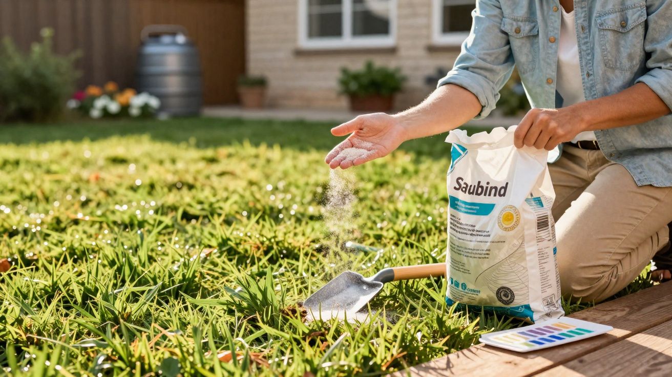 Pessoa aplicando fertilizante granulado em grama de jardim residencial ensolarado.
