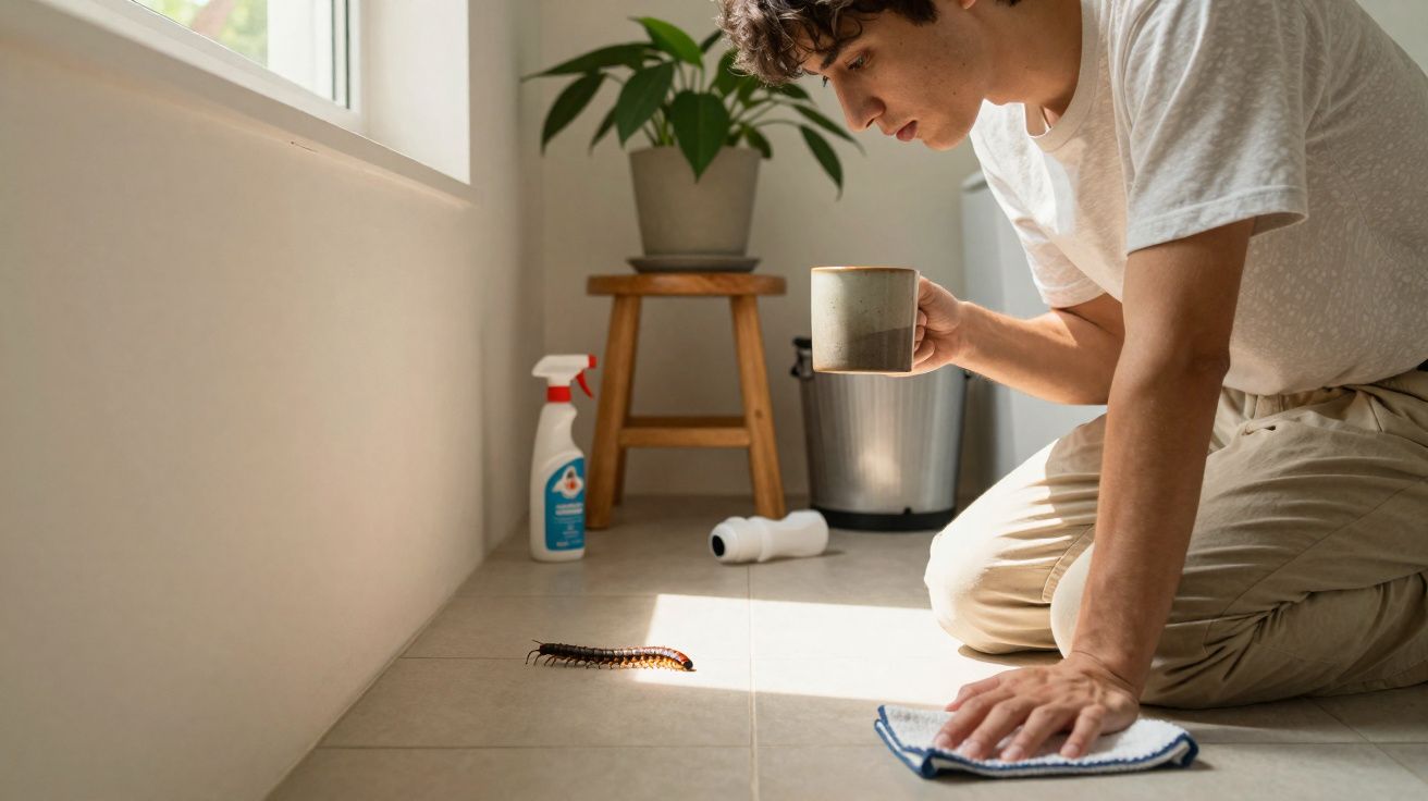 Homem ajoelhado observa uma lagarta no chão enquanto segura uma caneca e um pano de limpeza.