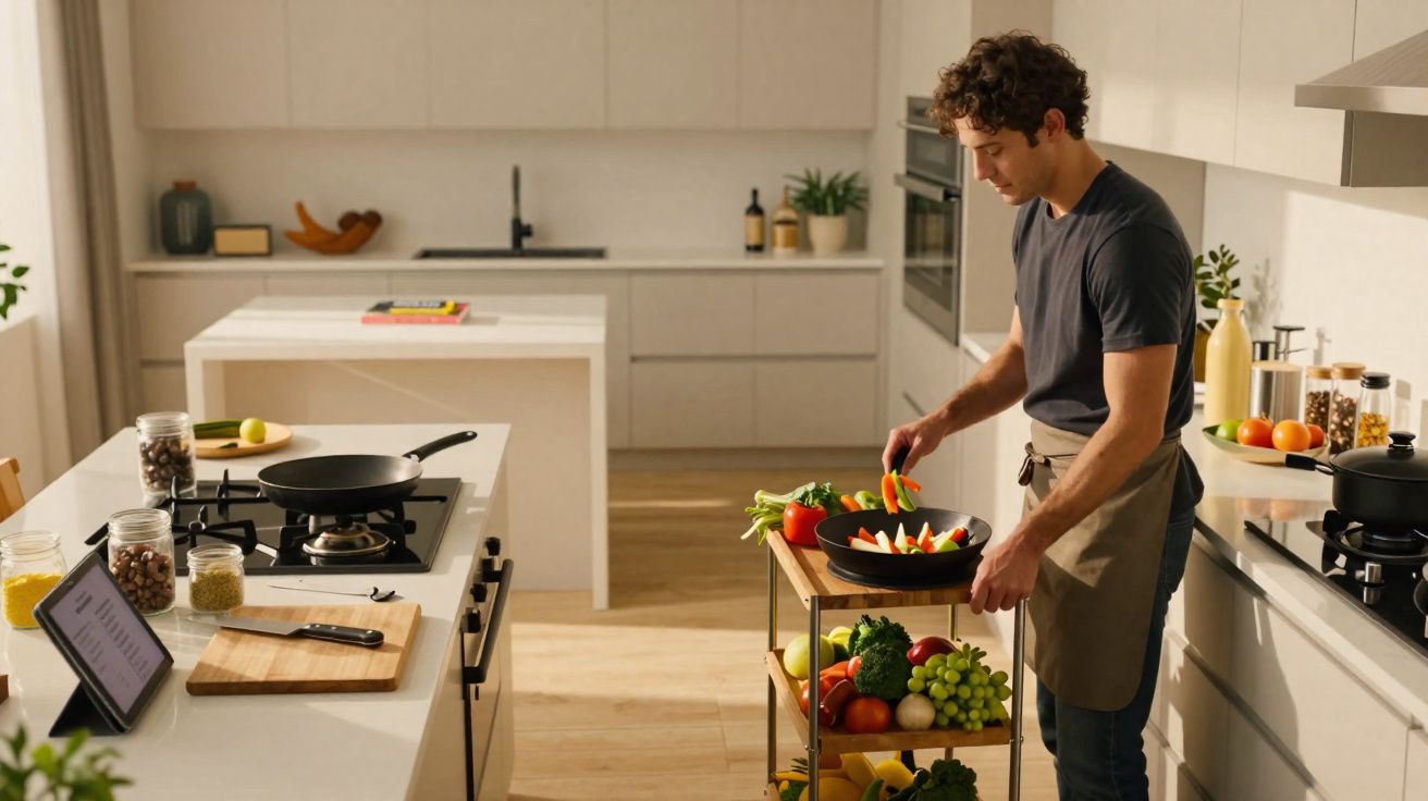 Homem preparando legumes em uma cozinha branca e moderna com frutas e utensílios ao redor.