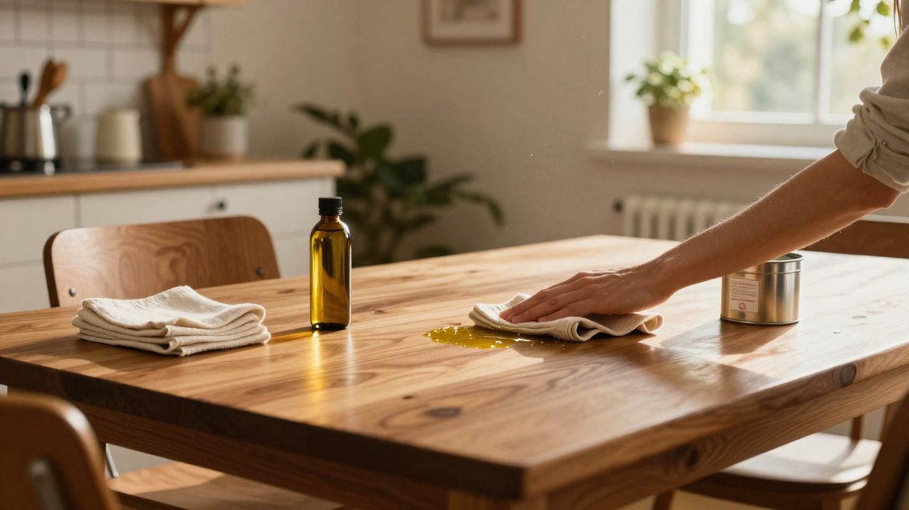 Pessoa limpando mesa de madeira com pano, ao lado de toalhas, óleo em garrafa e lata na cozinha.