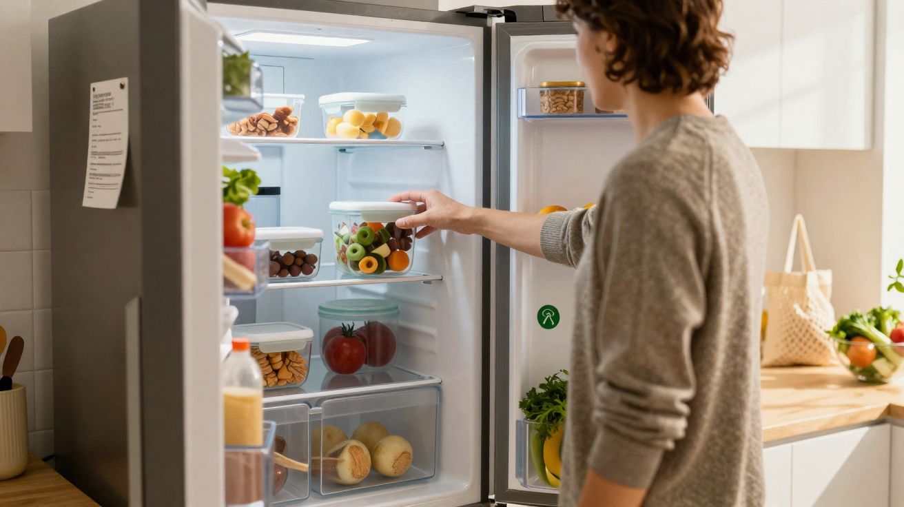 Pessoa pegando potes de alimentos armazenados na geladeira em cozinha iluminada.