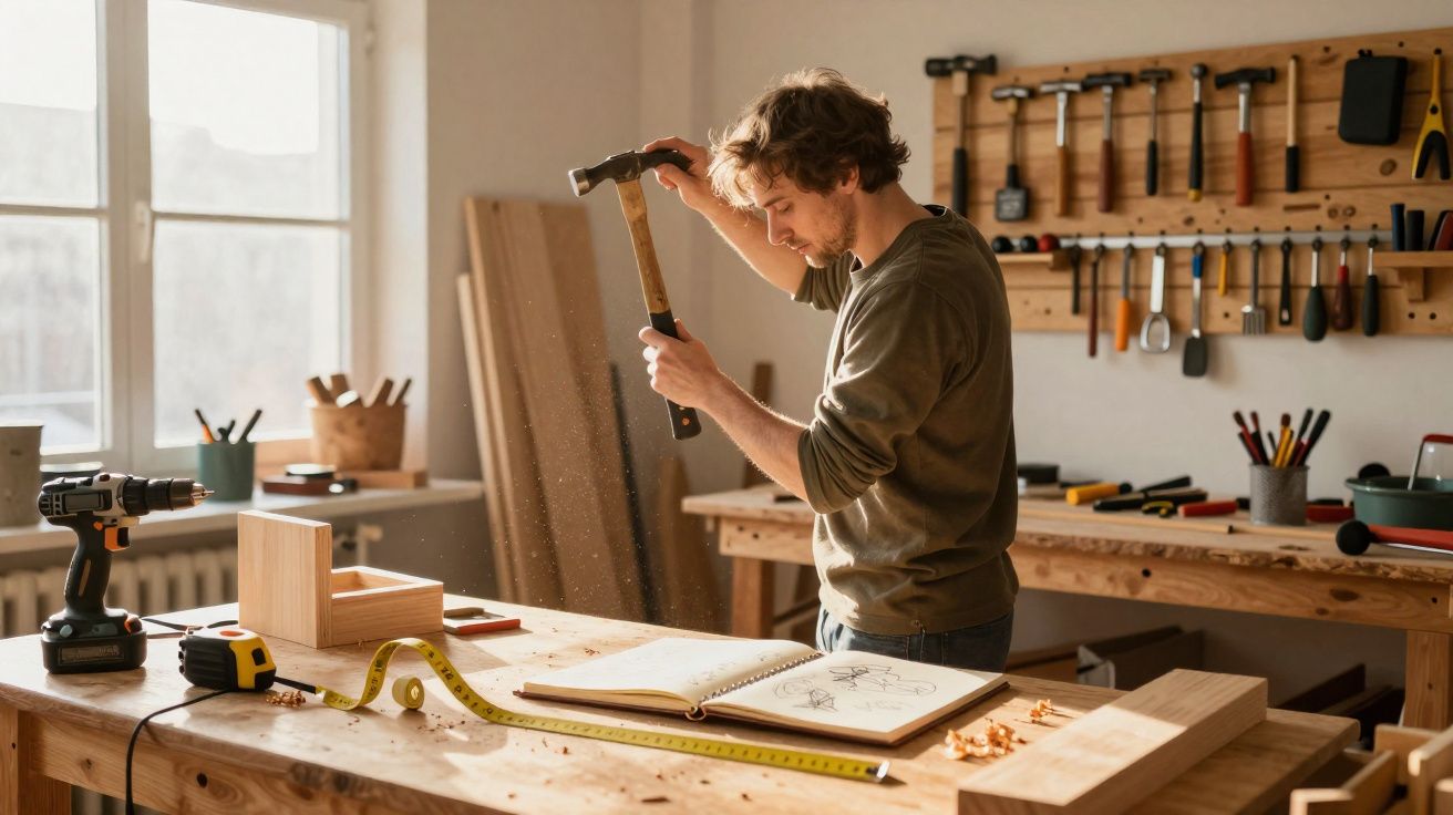 Homem jovem usando martelo em oficina de marcenaria com ferramentas e móveis de madeira ao redor.