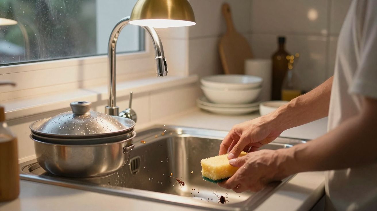 Pessoa lavando a mão na pia da cozinha com formigas ao redor da torneira e esponja.