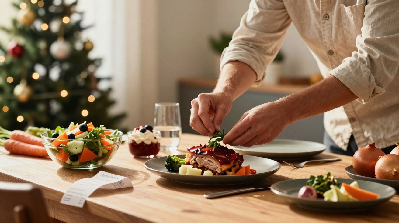 Homem arrumando prato com comida caseira ao lado de salada, sobremesa e árvore de Natal desfocada.