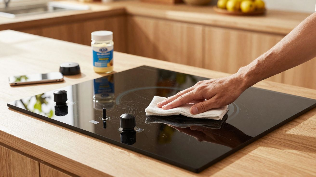 Mão limpando cooktop preto com pano branco em cozinha com bancada e armários de madeira clara.