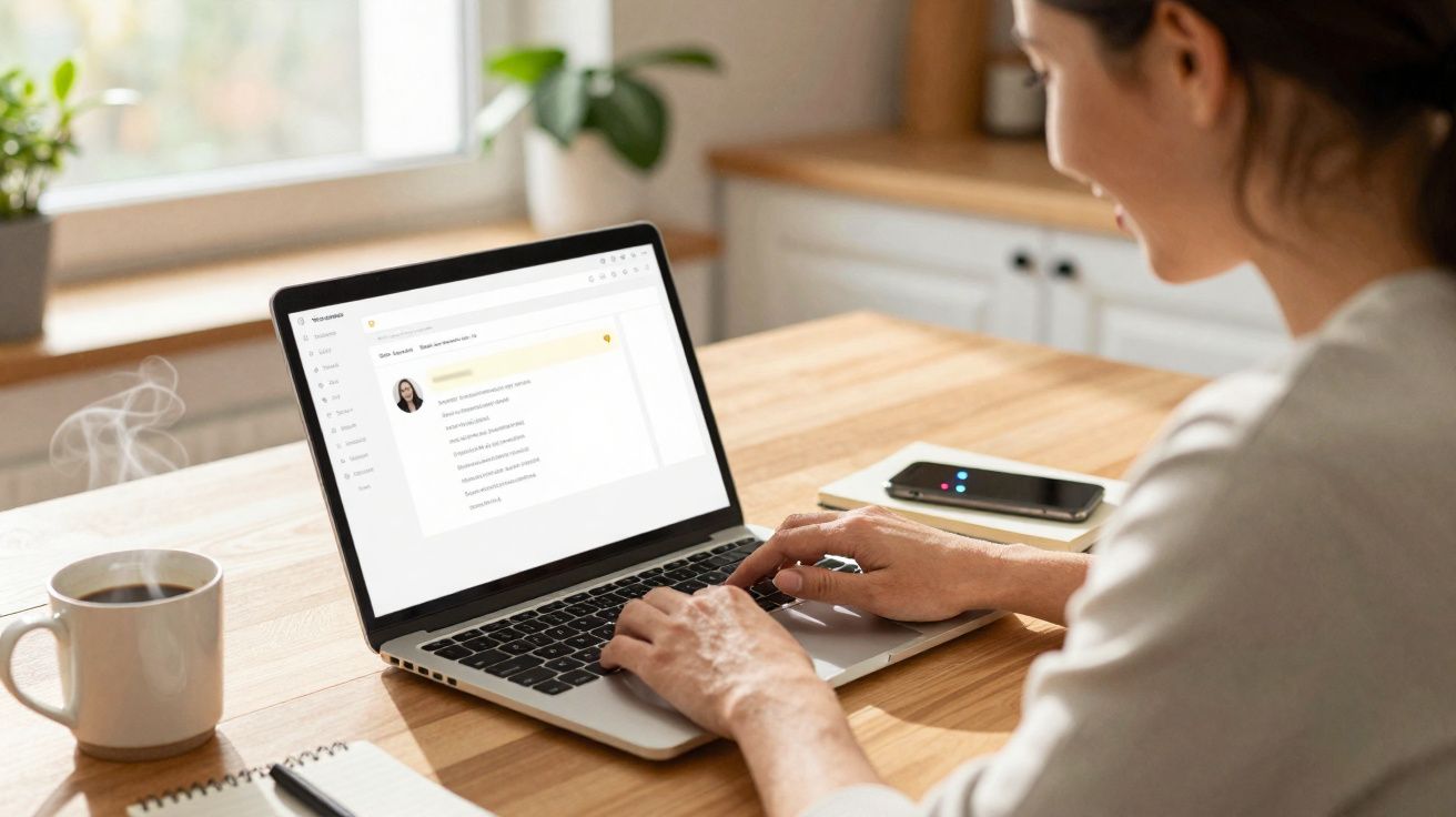 Pessoa digitando em laptop com mensagem aberta, café, celular e bloco de notas sobre mesa de madeira.
