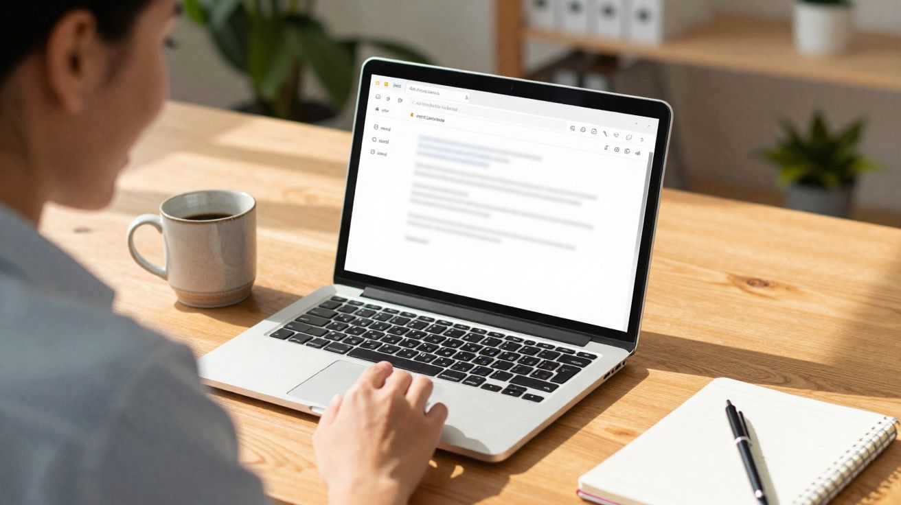 Pessoa acessando e-mail em laptop sobre mesa de madeira com caderno, caneta e xícara de café.