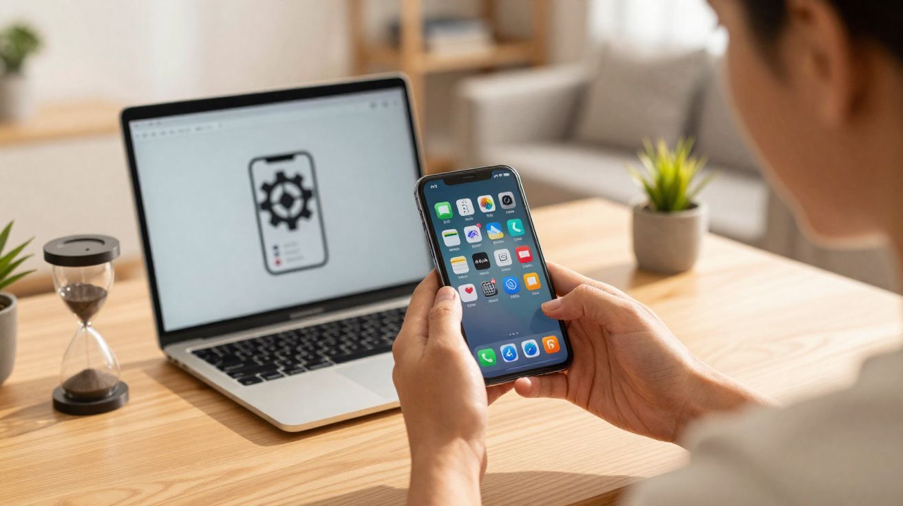 Pessoa usando smartphone com laptop aberto em mesa de madeira, com ampulheta e planta ao lado.