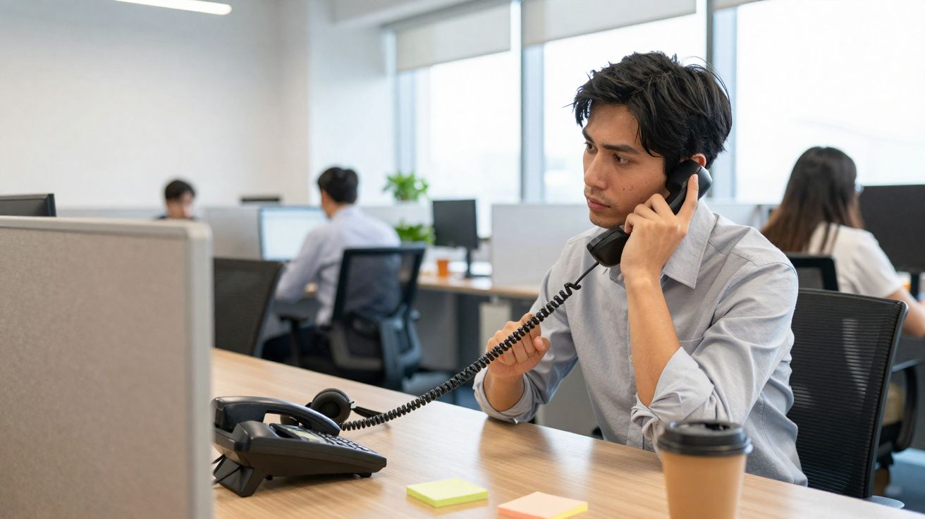 Homem jovem falando ao telefone fixo em escritório moderno com colegas ao fundo.