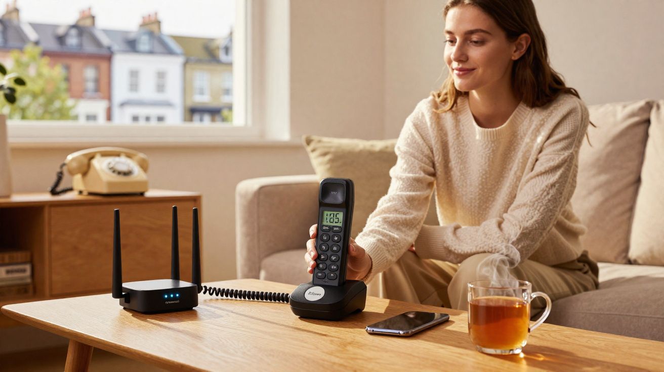 Mulher sentada no sofá segurando telefone fixo sem fio em mesa com roteador, celular e xícara de chá.
