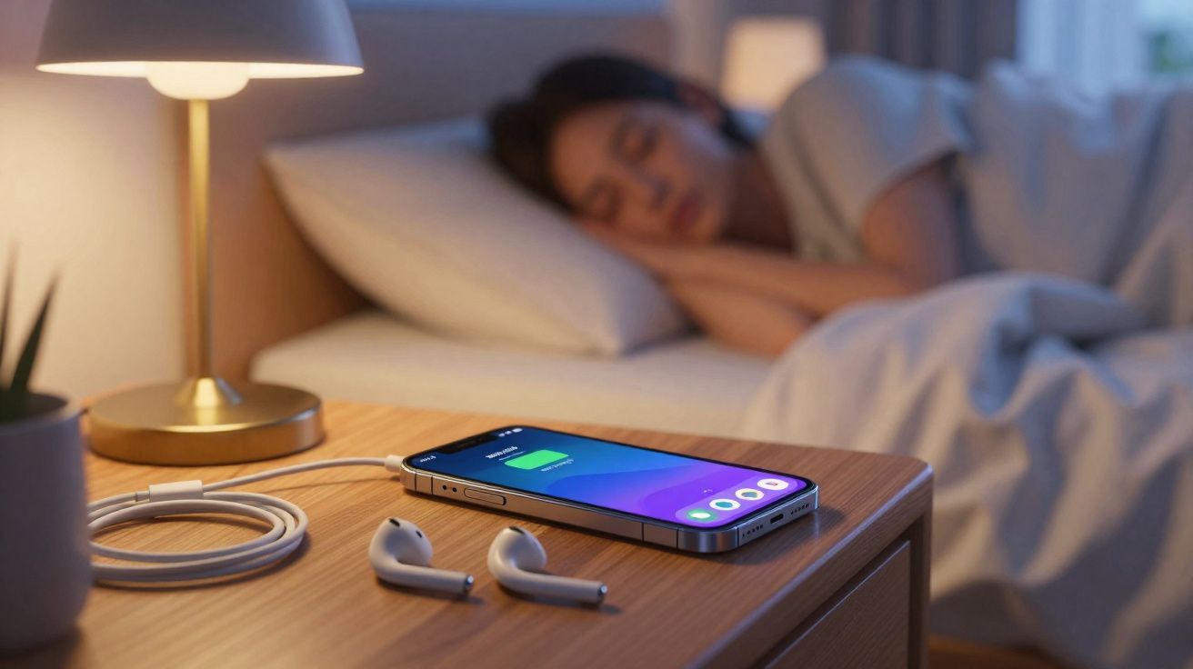 Smartphone carregando na mesa ao lado de mulher dormindo em quarto iluminado por luminária.