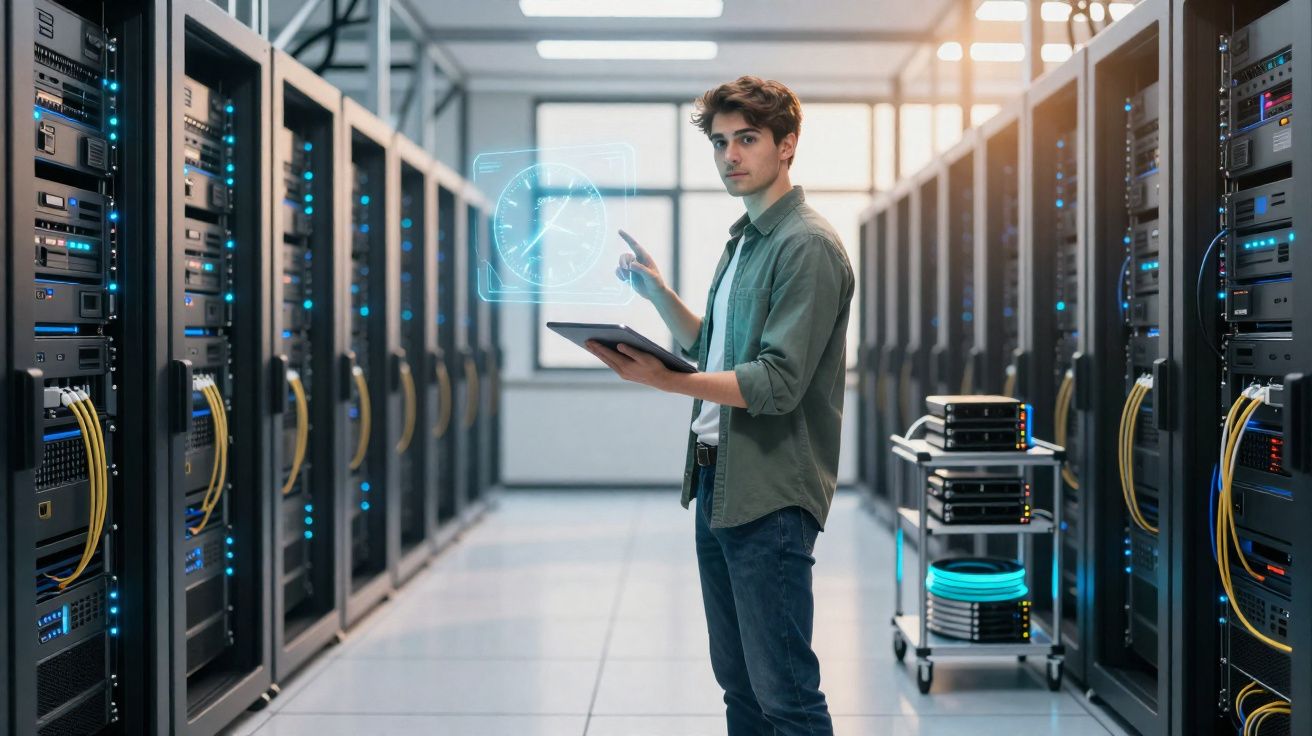 Jovem técnico em sala de servidores, segurando tablet e interagindo com interface holográfica de relógio digital.