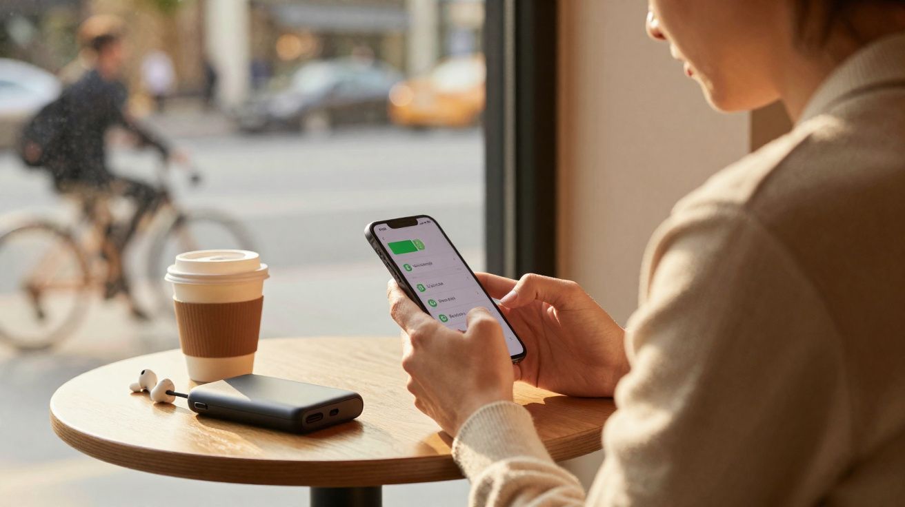 Pessoa usando smartphone em mesa de café com copo, fone sem fio e power bank, com ciclista ao fundo.