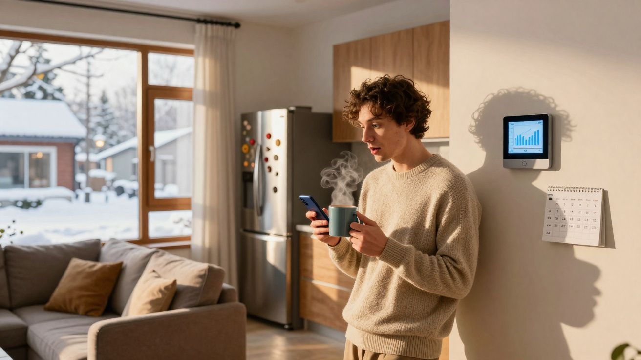 Homem com suéter bege segura smartphone e caneca quente em cozinha iluminada com janela para dia de neve.