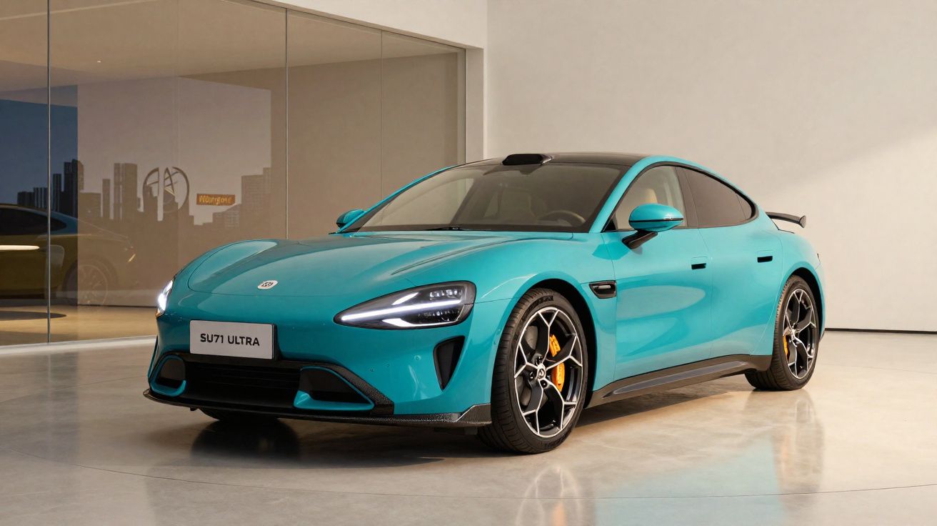 Carro esportivo elétrico azul turquesa estacionado em ambiente interno com piso refletivo.