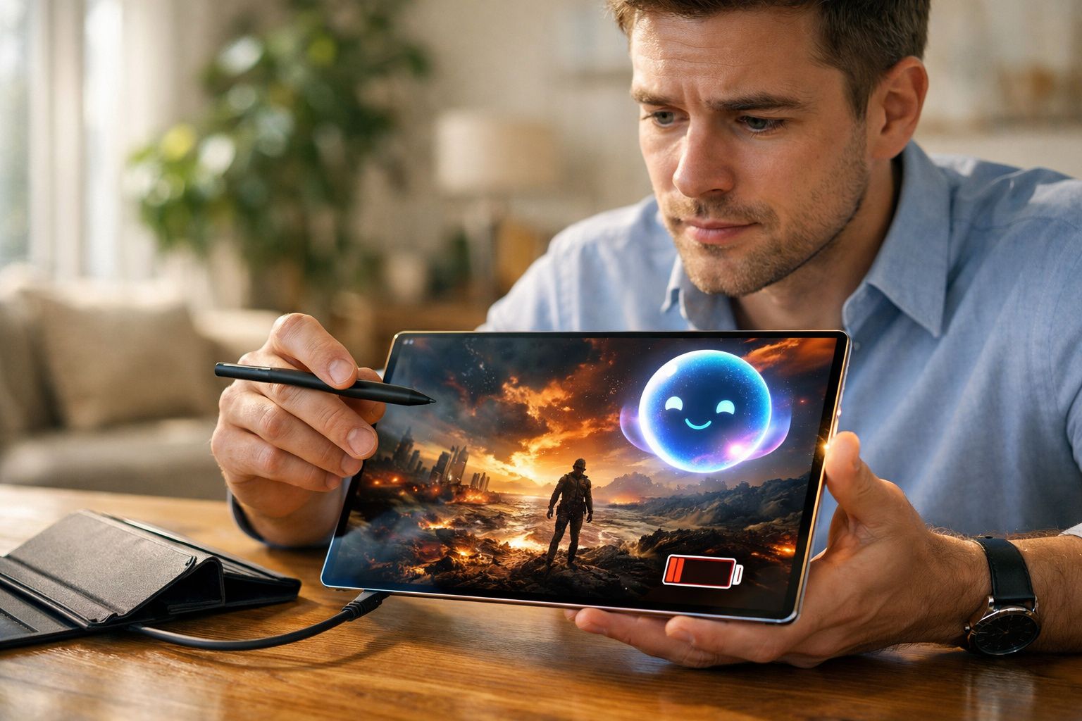 Homem segurando tablet com cena de jogo e ícone de bateria descarregada na tela.