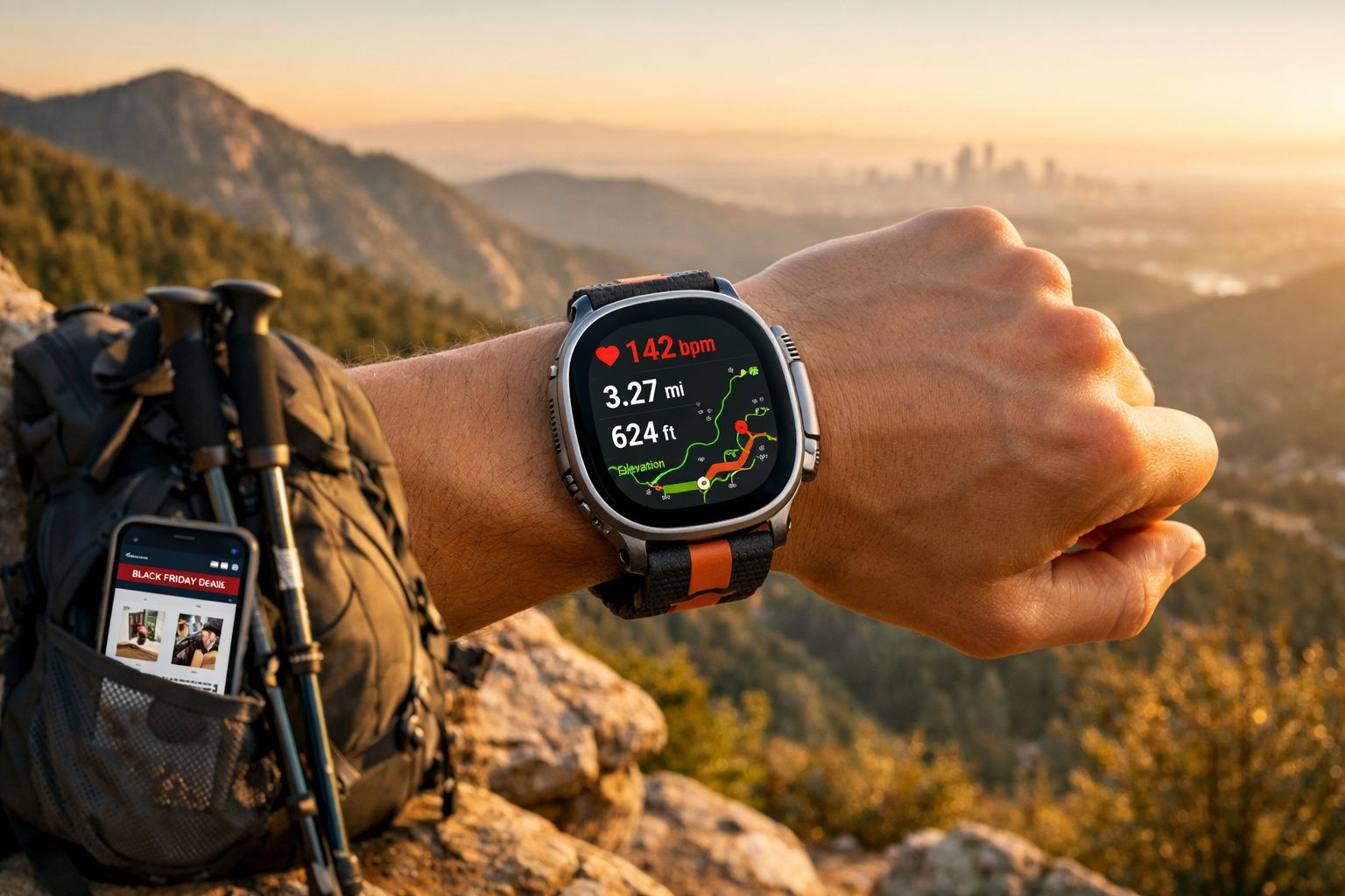 Pessoa mostrando relógio esportivo com dados de batimentos, distância e altitude em trilha na montanha ao pôr do sol