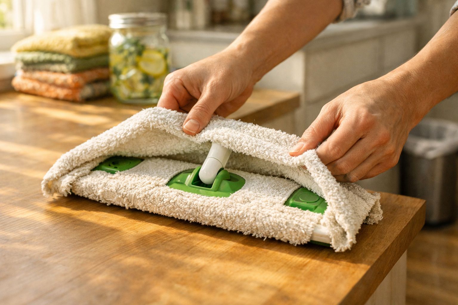 Pessoa encaixa capa de pano felpudo em esfregão verde sobre mesa de madeira.