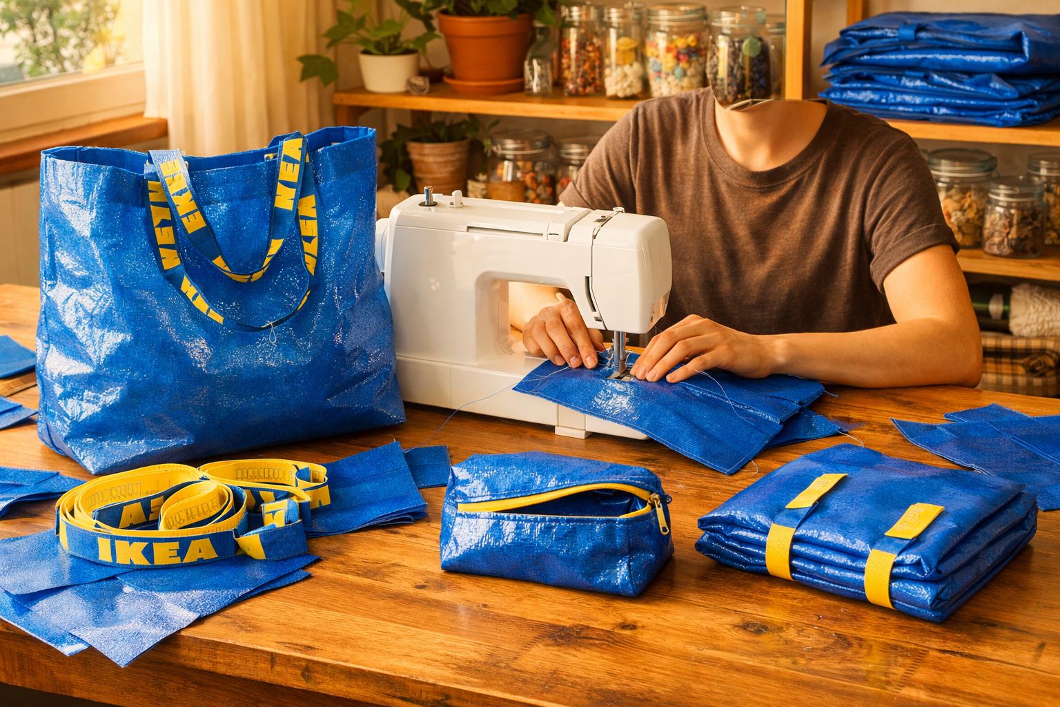 Pessoa costurando tecido azul brilhante em máquina, com bolsa e acessórios azuis da Ikea em uma mesa de madeira.