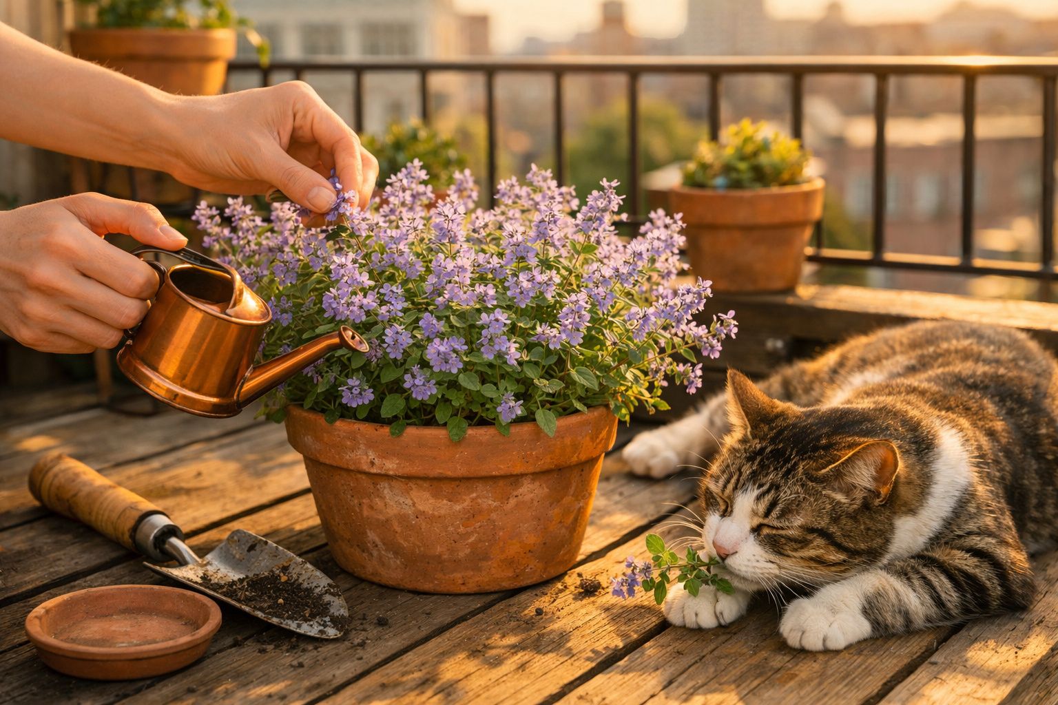 Mãos regando flores lilases em vaso de barro, gato descansando ao lado em mesa de madeira.