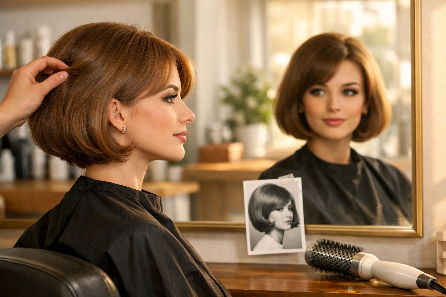 Mulher loira de cabelo curto e bob sentada em salão de beleza, olhando no espelho enquanto estilista arruma seu cabelo.