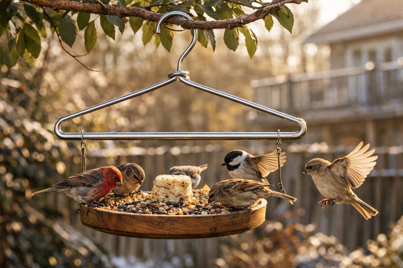Pássaros de diferentes espécies se alimentam em comedouro pendurado em galho com luz dourada.