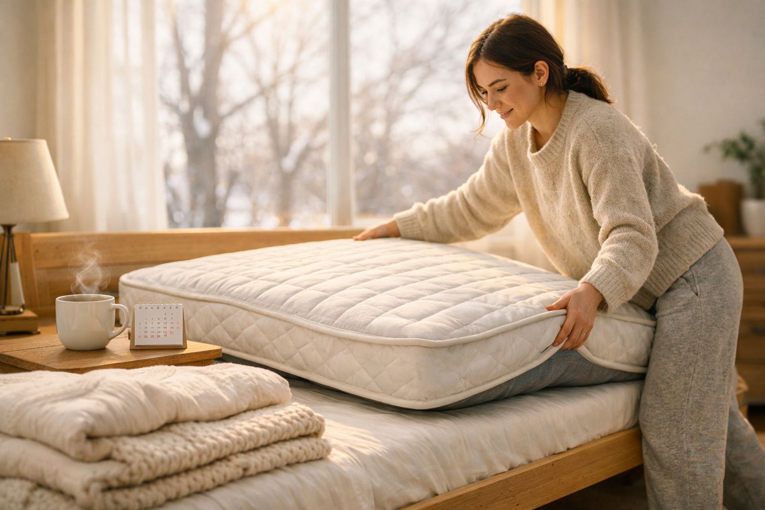 Mulher arrumando o colchão em quarto iluminado, com caneca e calendário na mesa ao lado da cama.