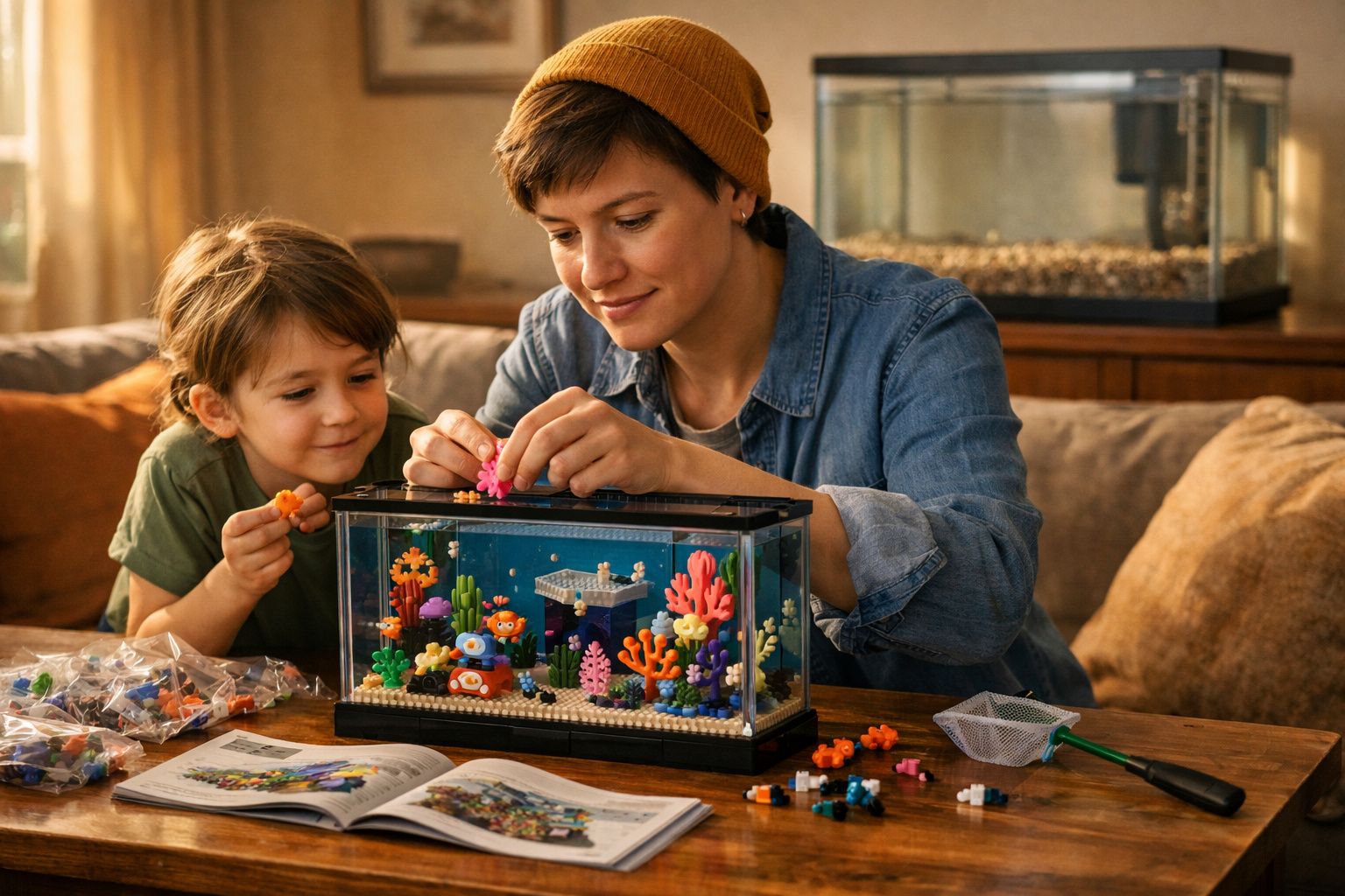Criança e adulto montam cenário de aquário com peças de montar coloridas em mesa na sala.