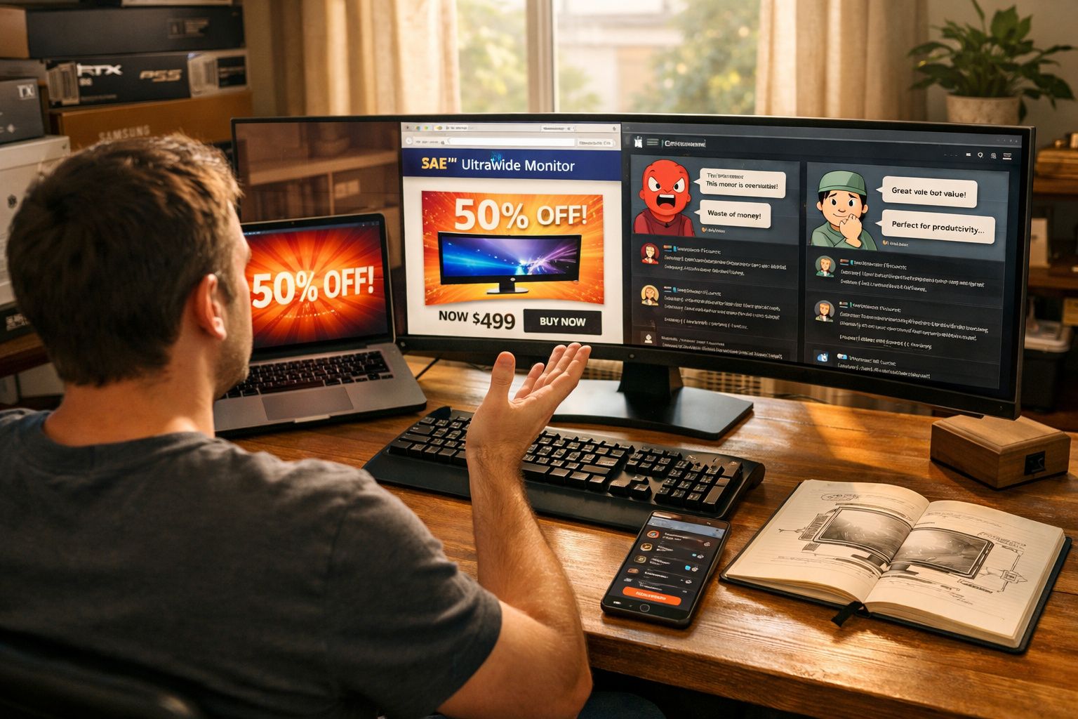 Homem sentado em escritório analisando promoção de monitor ultrawide e comentários online na tela grande.
