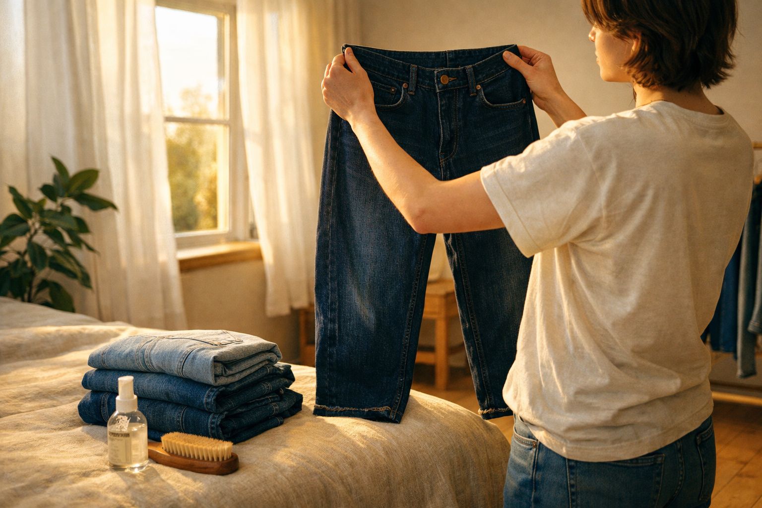 Pessoa segurando calça jeans azul em quarto iluminado, com toalha dobrada e produtos sobre a cama.